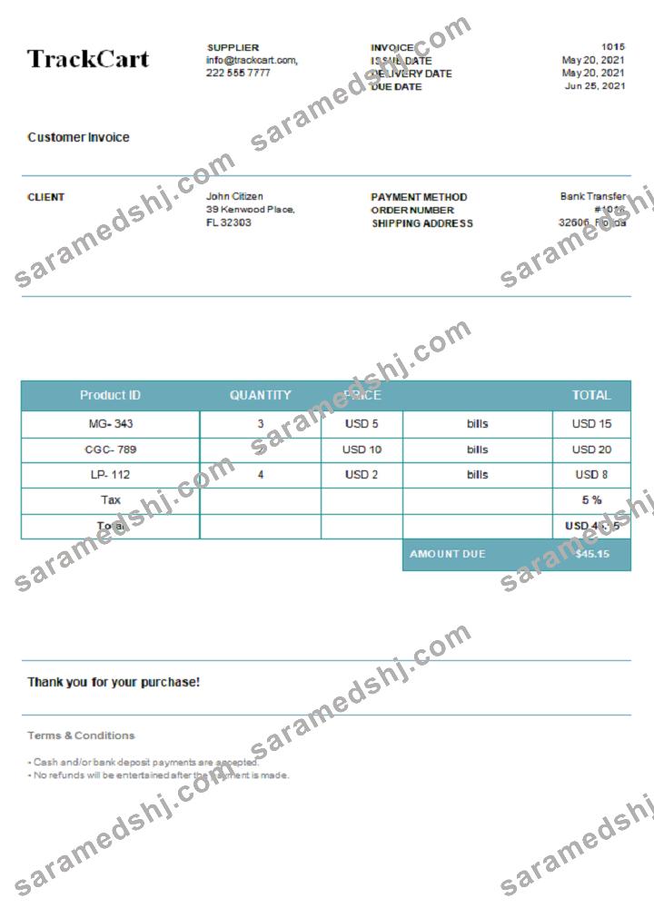 USA TrackCart invoice